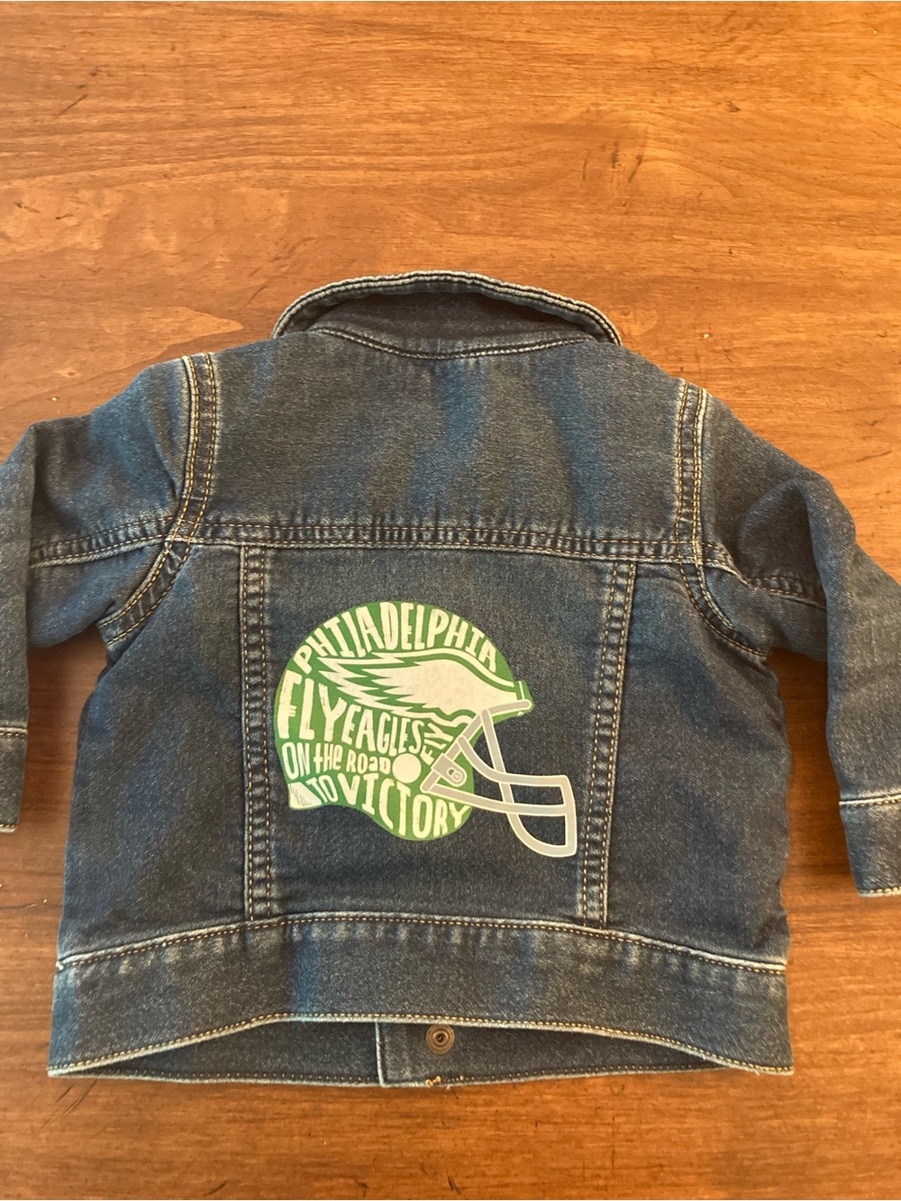 GAP Kids Blue Denim Jacket with Philly eagles design.